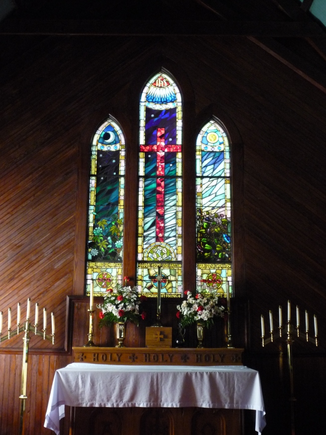 The windows above the altar are dedicated to Margaret Fleming, for whom this chapel was built. She never got to see it finished; the first ceremony held here was her funeral in 1878, before construction was complete.
